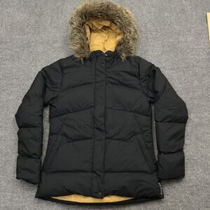 Prana Jacket Womens Small Black Hooded Faux Fur Down Parka Coat Winter Warm